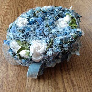 Vintage Blue Floral Hat Topper Shabby Velvet Netting 50s 60s